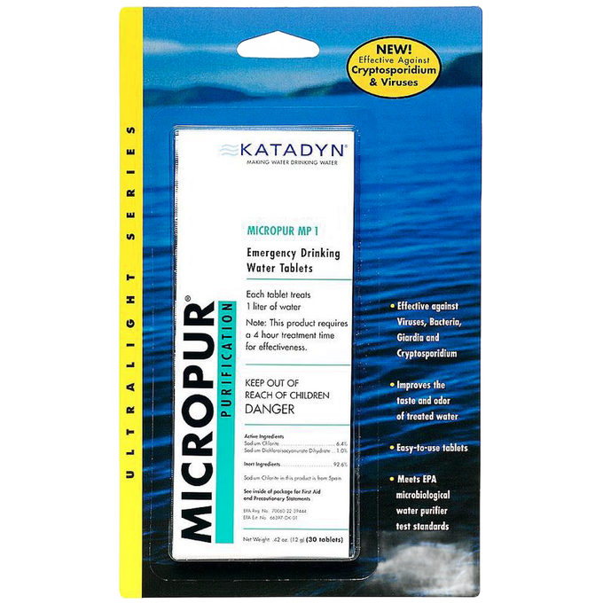 Package of emergency drinking water tablets designed for camping and emergency use, effective against viruses and bacteria, featured in Farm, Garden & Tool and Emergency Supplies collections.