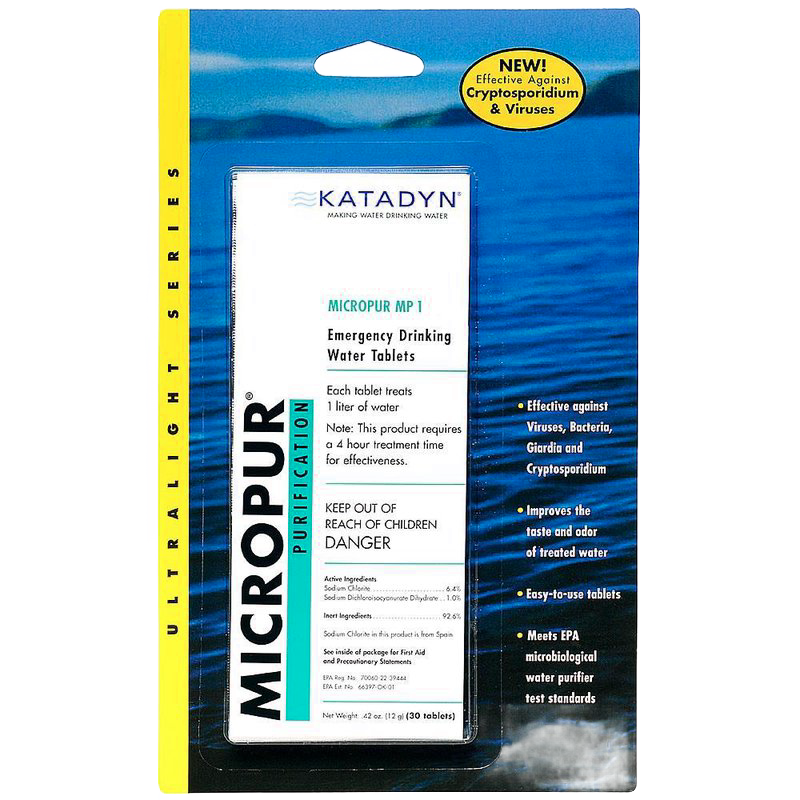 Package of emergency drinking water tablets designed for camping and emergency use, effective against viruses and bacteria, featured in Farm, Garden & Tool and Emergency Supplies collections.