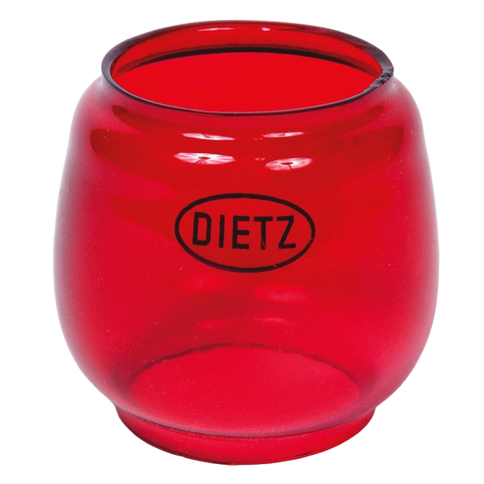 Red replacement glass globe featuring the Dietz logo, designed for lanterns, handcrafted with durable materials, suitable for camping, emergency supplies, and lighting collections.