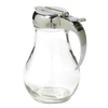 Clear glass syrup dispenser with a sturdy metal lid and thumb lever, designed for easy pouring and included in Kitchen & Food and Kitchen Gadgets collections.