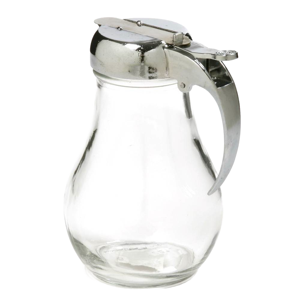 Clear glass syrup dispenser with a sturdy metal lid and thumb lever, designed for easy pouring and included in Kitchen & Food and Kitchen Gadgets collections.
