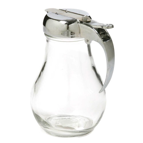 Clear glass syrup dispenser with a sturdy metal lid and thumb lever, designed for easy pouring and included in Kitchen & Food and Kitchen Gadgets collections.
