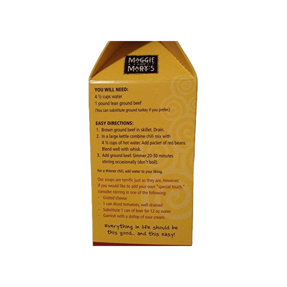 Back panel of Maggie and Mary's Soup Mixes packaging featuring easy-to-follow preparation steps for chili, highlighting simple ingredients and optional garnishes, ideal for Kitchen & Food, Dry Goods and Mixes, Soups, USA Made, Best Sellers, and Promo Eligible collections.