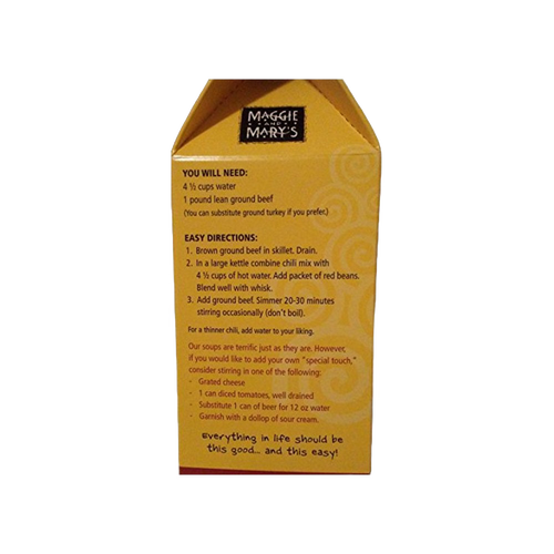 Back panel of Maggie and Mary's Soup Mixes packaging featuring easy-to-follow preparation steps for chili, highlighting simple ingredients and optional garnishes, ideal for Kitchen & Food, Dry Goods and Mixes, Soups, USA Made, Best Sellers, and Promo Eligible collections.