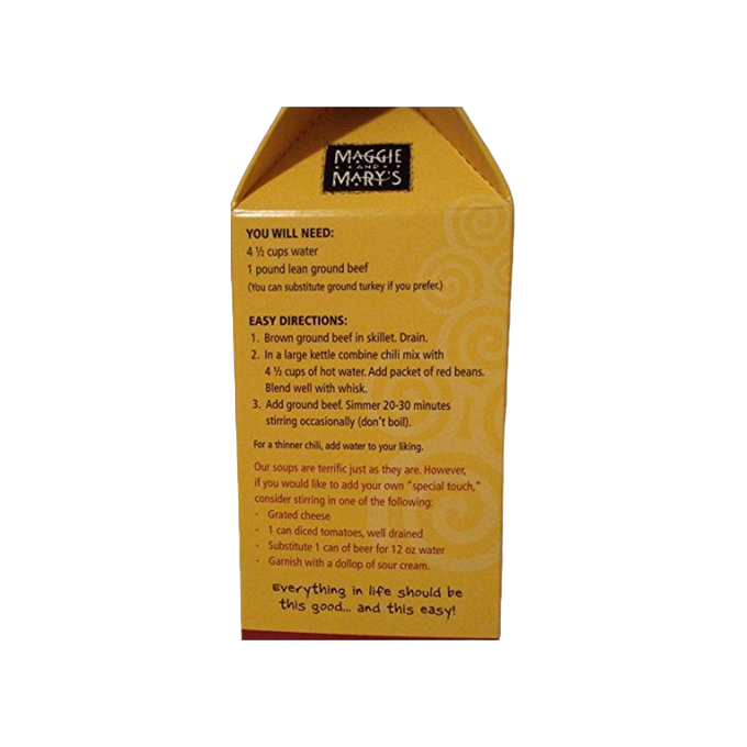 Back panel of Maggie and Mary's Soup Mixes packaging featuring easy-to-follow preparation steps for chili, highlighting simple ingredients and optional garnishes, ideal for Kitchen & Food, Dry Goods and Mixes, Soups, USA Made, Best Sellers, and Promo Eligible collections.