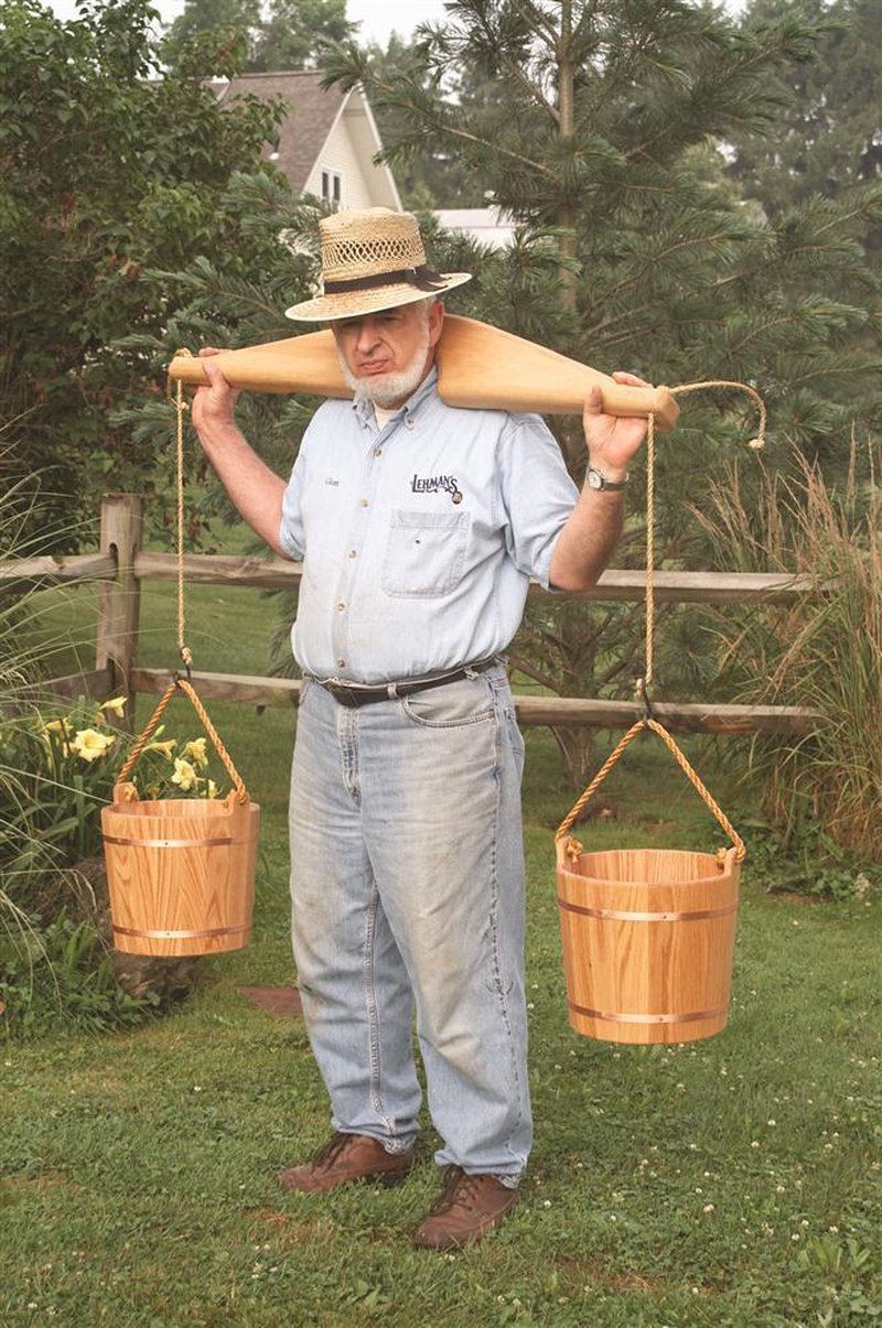 Handcrafted Amish made shoulder yoke crafted from smooth poplar wood with attached rope handles holding wooden buckets, designed for comfortable heavy load carrying, featured in Farm, Garden & Tool and USA Made collections.