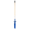 Blue trenching shovel with wooden handle and narrow blade featuring side blades for cleaner trench edges, designed for farm tools, digging, and cultivating tasks in garden and hardware collections.
