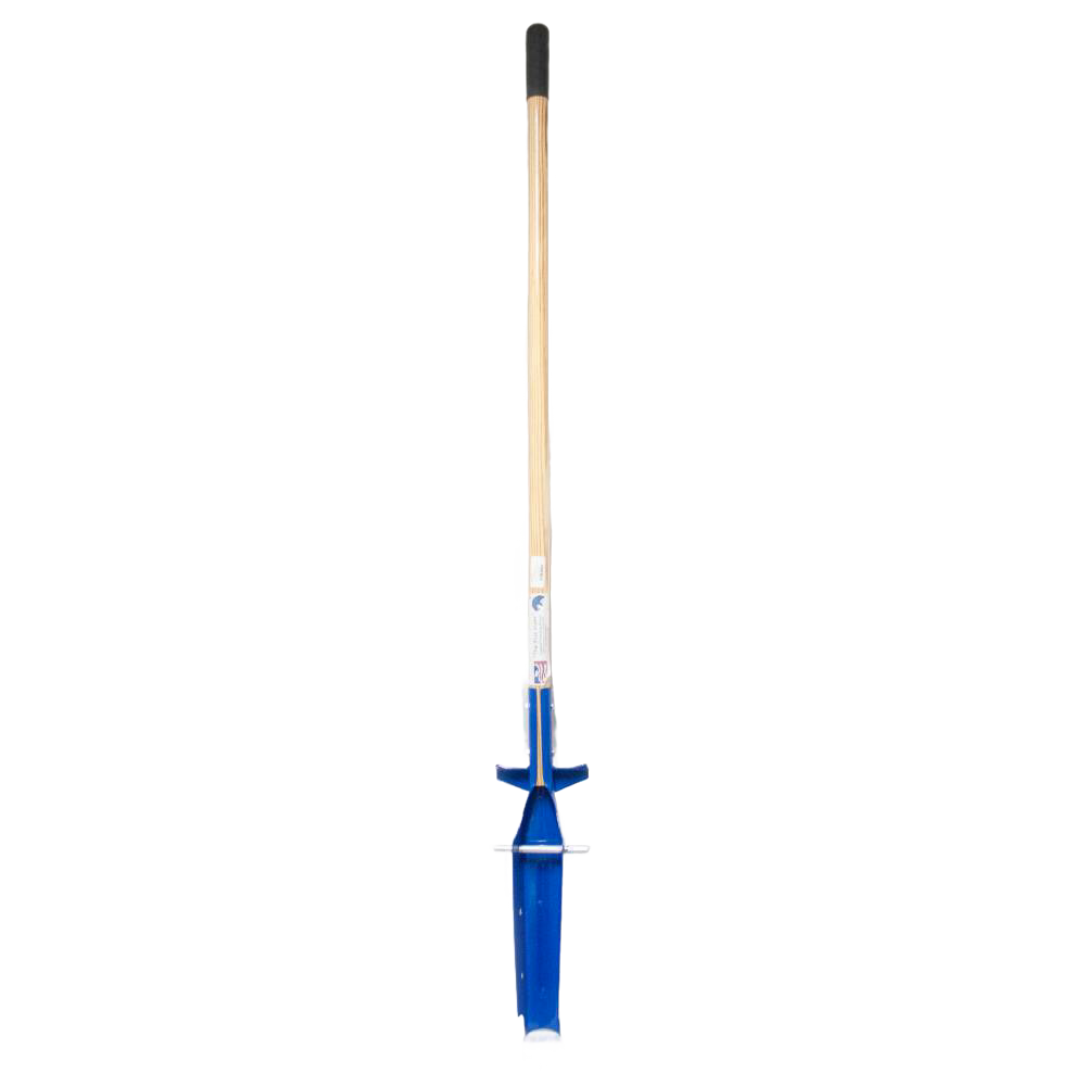 Blue trenching shovel with wooden handle and narrow blade featuring side blades for cleaner trench edges, designed for farm tools, digging, and cultivating tasks in garden and hardware collections.