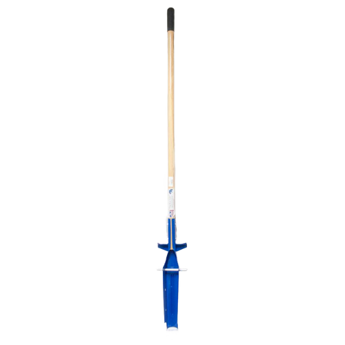 Blue trenching shovel with wooden handle and narrow blade featuring side blades for cleaner trench edges, designed for farm tools, digging, and cultivating tasks in garden and hardware collections.