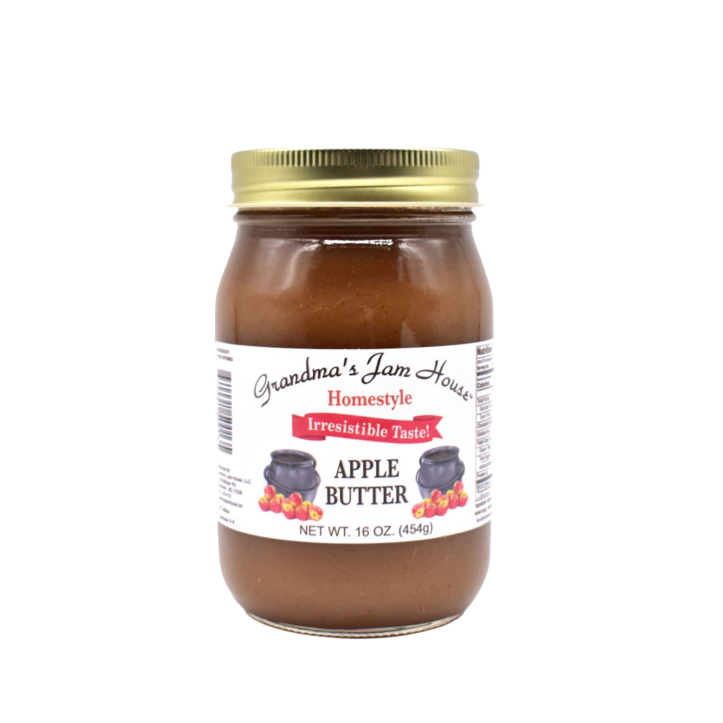 Handcrafted jar of apple butter with gold metal lid and white label featuring fruit and pot illustrations, made in USA, ideal for Kitchen & Food, Pantry, Peanut Butter & Jellies, Best Sellers, and Promo Eligible collections.