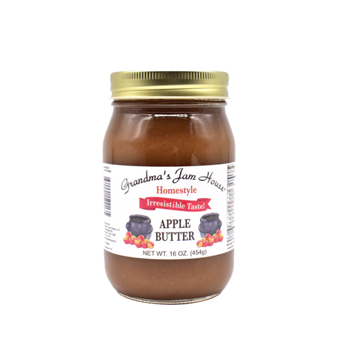 Handcrafted jar of apple butter with gold metal lid and white label featuring fruit and pot illustrations, made in USA, ideal for Kitchen & Food, Pantry, Peanut Butter & Jellies, Best Sellers, and Promo Eligible collections.