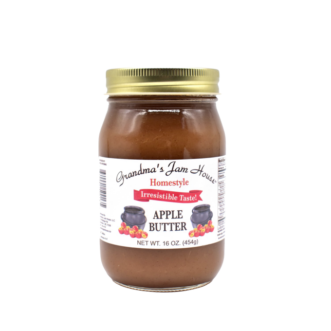 Handcrafted jar of apple butter with gold metal lid and white label featuring fruit and pot illustrations, made in USA, ideal for Kitchen & Food, Pantry, Peanut Butter & Jellies, Best Sellers, and Promo Eligible collections.