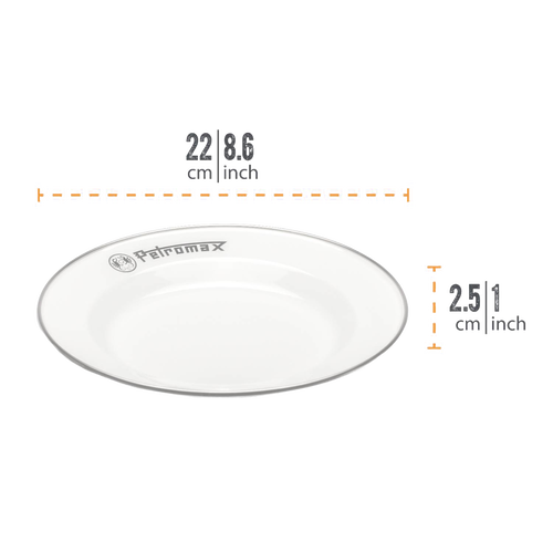 White enamel plate with black rim and Petromax logo, lightweight and heat-resistant, designed for Farm, Garden & Tool, Kitchen & Food, Camping, Dinnerware, Best Sellers, and Promo Eligible collections.
