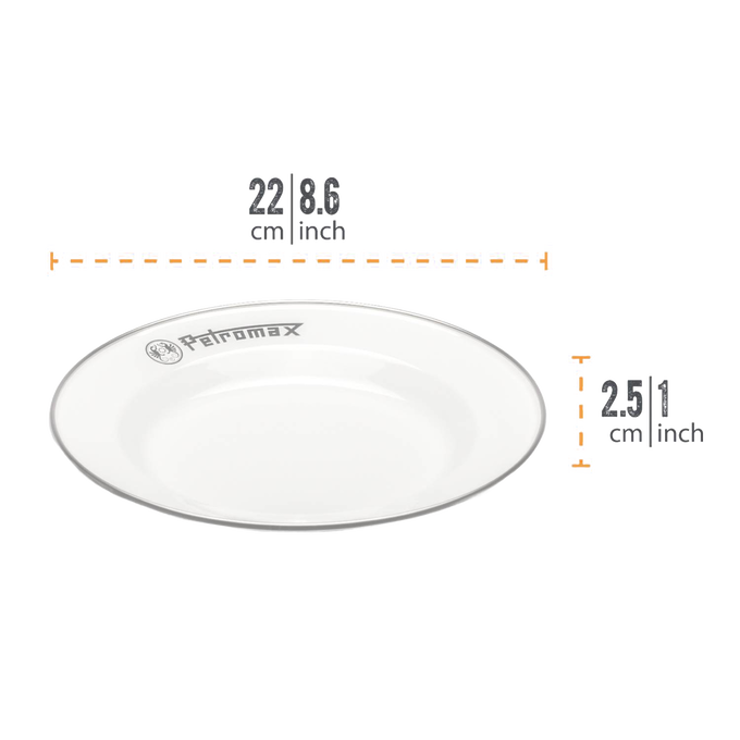 White enamel plate with black rim and Petromax logo, lightweight and heat-resistant, designed for Farm, Garden & Tool, Kitchen & Food, Camping, Dinnerware, Best Sellers, and Promo Eligible collections.