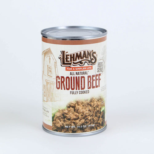 Can of handcrafted fully cooked all natural ground beef with rustic label design, ideal for Kitchen & Food, Food, Meats, Best Sellers, and Promo Eligible collections.