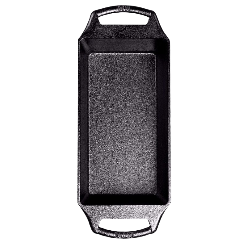 Top view of a handcrafted cast iron loaf pan with dual handles, designed for even heat distribution and consistent baking, featured in Kitchen & Food, Cast Iron, and USA Made collections.