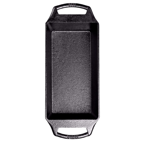 Top view of a handcrafted cast iron loaf pan with dual handles, designed for even heat distribution and consistent baking, featured in Kitchen & Food, Cast Iron, and USA Made collections.