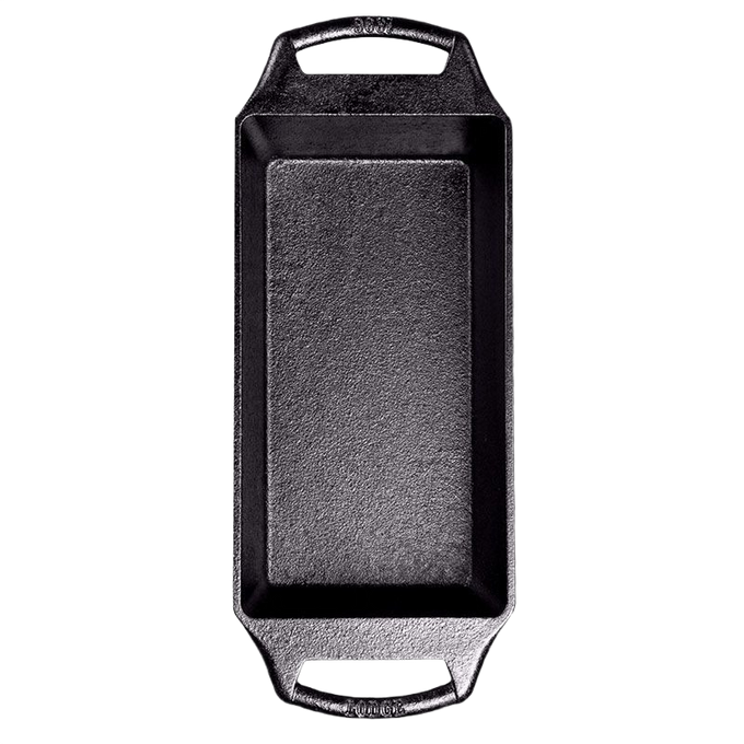 Top view of a handcrafted cast iron loaf pan with dual handles, designed for even heat distribution and consistent baking, featured in Kitchen & Food, Cast Iron, and USA Made collections.