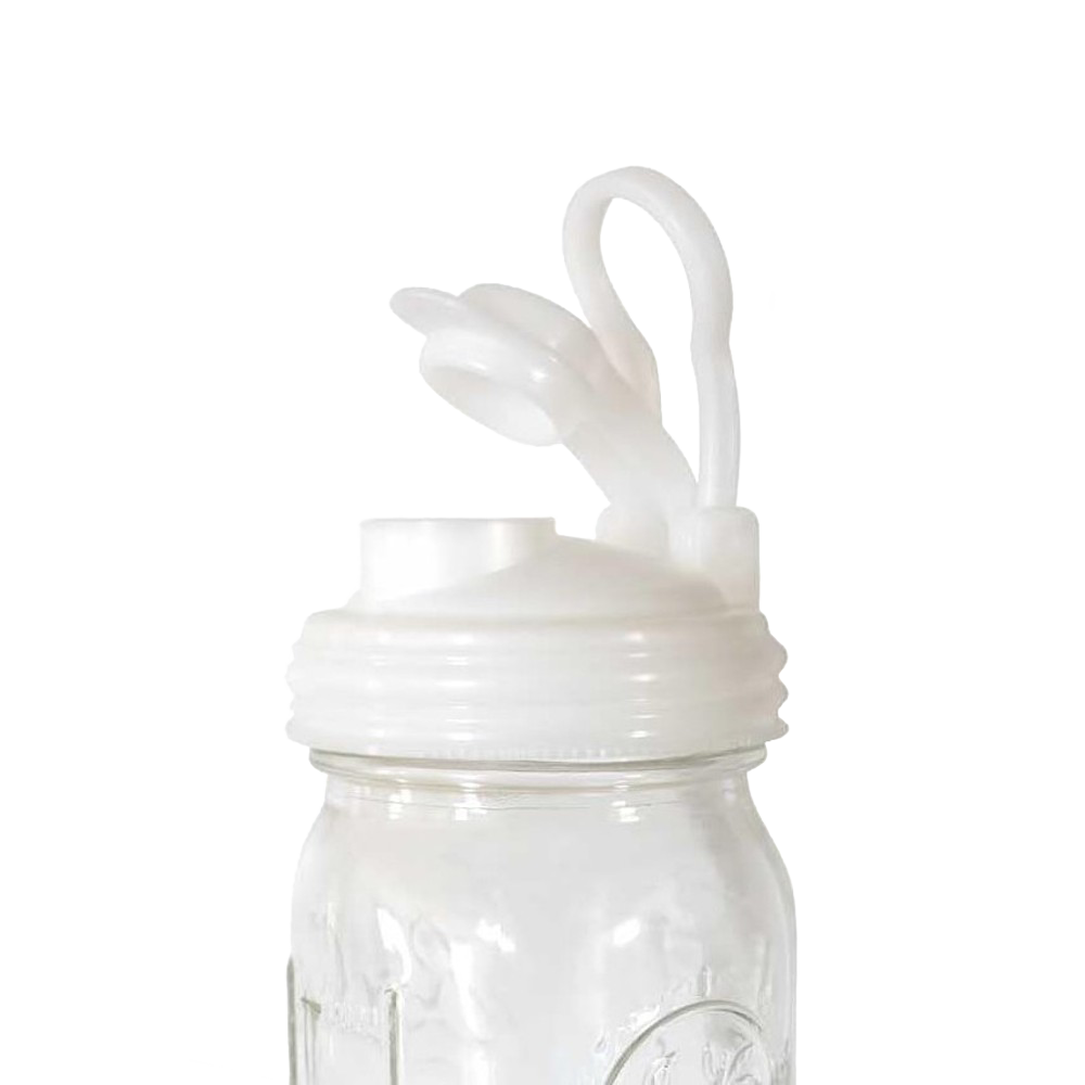 White no-break plastic pour lid with a flip-top spout and carry loop, designed for regular-mouth jars, made in the USA, featured in Kitchen Gadgets, Kitchen Accessories, and Best Sellers collections.