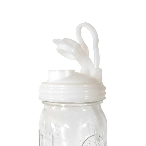 White no-break plastic pour lid with a flip-top spout and carry loop, designed for regular-mouth jars, made in the USA, featured in Kitchen Gadgets, Kitchen Accessories, and Best Sellers collections.