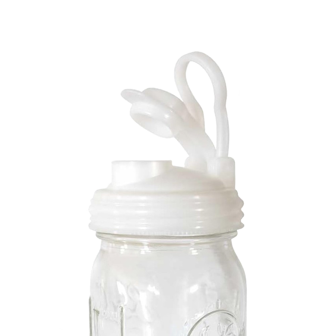 White no-break plastic pour lid with a flip-top spout and carry loop, designed for regular-mouth jars, made in the USA, featured in Kitchen Gadgets, Kitchen Accessories, and Best Sellers collections.
