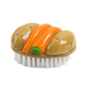 Handcrafted potato-shaped scrub brush with two raised carrots and white polypropylene bristles, designed for gentle cleaning of root vegetables, ideal for Kitchen & Food and Household Cleaning collections.