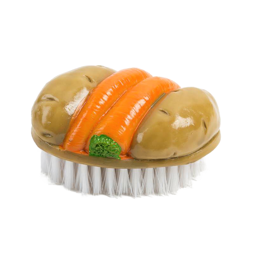 Handcrafted potato-shaped scrub brush with two raised carrots and white polypropylene bristles, designed for gentle cleaning of root vegetables, ideal for Kitchen & Food and Household Cleaning collections.