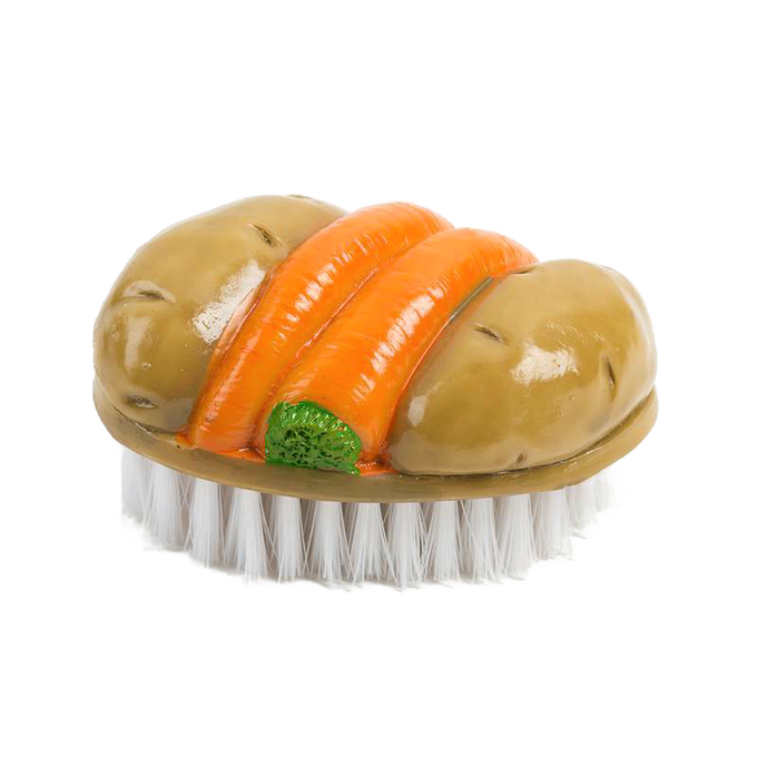 Handcrafted potato-shaped scrub brush with two raised carrots and white polypropylene bristles, designed for gentle cleaning of root vegetables, ideal for Kitchen & Food and Household Cleaning collections.
