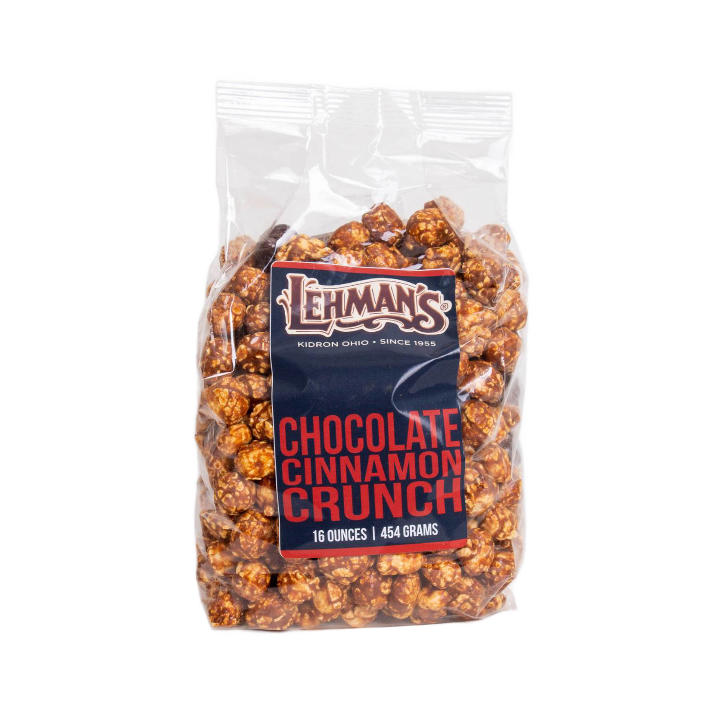 Clear bag of handcrafted chocolate cinnamon crunch popcorn with rich caramel coating, made in USA and featured in Kitchen & Food, Snacks and Sweets, Popcorn, and Best Sellers collections.