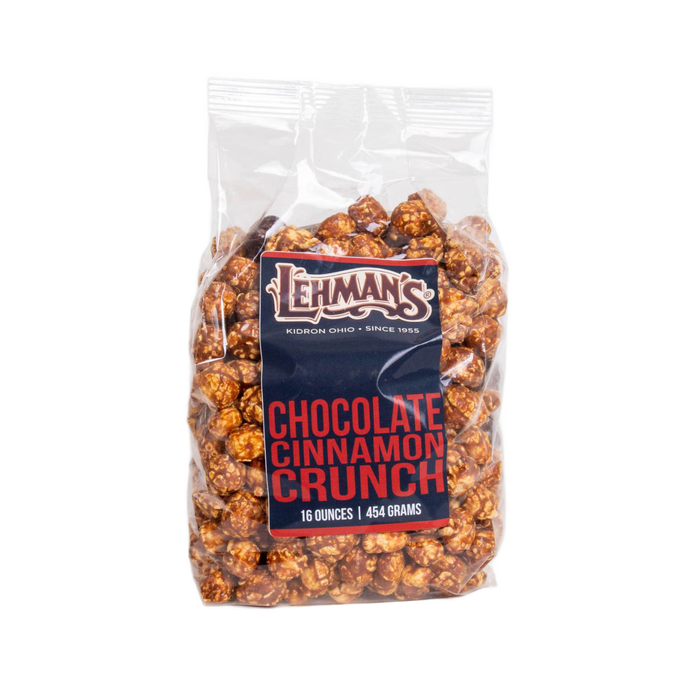Clear bag of handcrafted chocolate cinnamon crunch popcorn with rich caramel coating, made in USA and featured in Kitchen & Food, Snacks and Sweets, Popcorn, and Best Sellers collections.