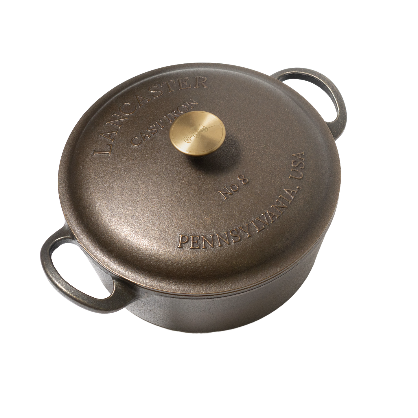 Overhead view of a handcrafted Amish-made cast iron Dutch oven with bronze knob, featuring embossed lettering and designed for Farm, Garden & Tool, Kitchen & Food, Camping, Cookware, Cast Iron, USA Made, and Best Sellers collections.