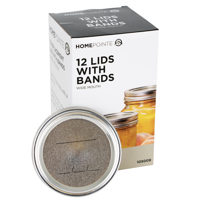 Box containing 12 wide-mouth metal lids and screw bands with BPA-free sealing compound, suitable for Kitchen & Food, Food Preservation, Canning, and Best Sellers collections.