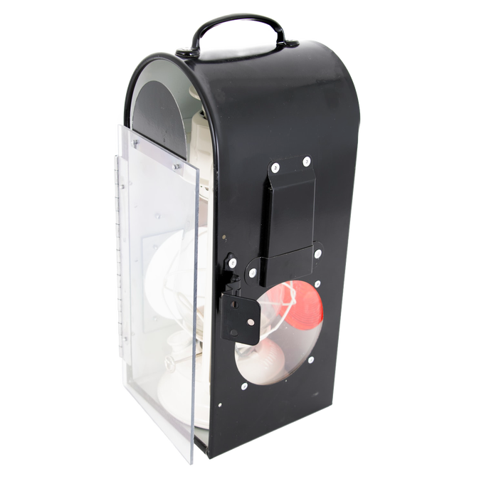 Handcrafted Amish-made black metal carriage lantern box with clear hinged door and red reflector, designed for side buggy use, ideal for camping, emergency supplies, and lamps & lighting collections.