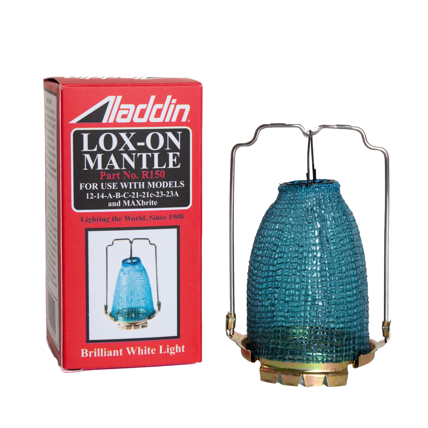 Blue mesh lamp mantle with metal frame and red box packaging, designed for various Aladdin lamp models, featured in Lamps & Lighting, Wicks and Mantles, Parts and Accessories, and Best Sellers collections.