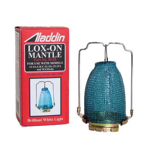 Blue mesh lamp mantle with metal frame and red box packaging, designed for various Aladdin lamp models, featured in Lamps & Lighting, Wicks and Mantles, Parts and Accessories, and Best Sellers collections.