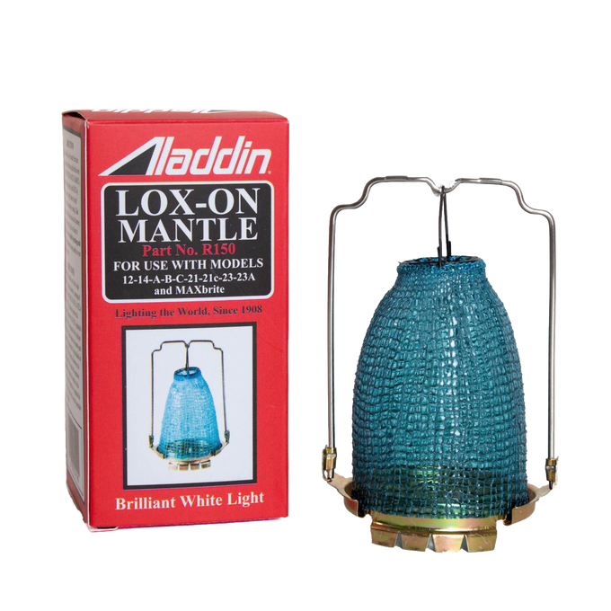 Blue mesh lamp mantle with metal frame and red box packaging, designed for various Aladdin lamp models, featured in Lamps & Lighting, Wicks and Mantles, Parts and Accessories, and Best Sellers collections.