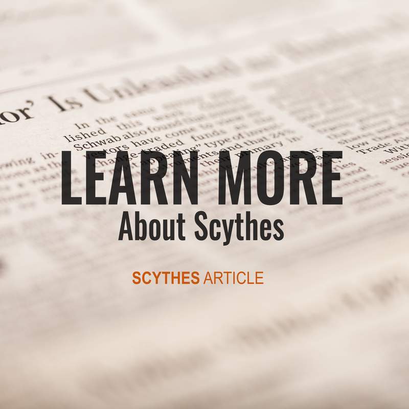 Close-up of printed text on a vintage-style newspaper background with bold overlay text inviting to learn more about scythes, featured in Farm, Garden & Tool and Lawncare collections.