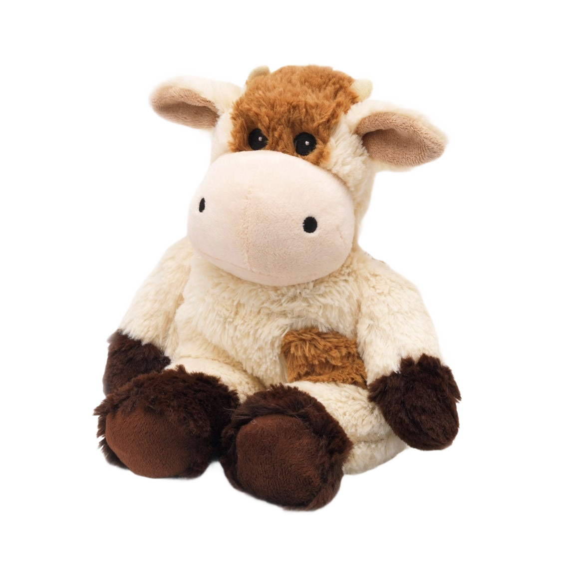 Soft, weighted plush cow in warm cream and brown tones, microwaveable and scented with dried lavender, ideal for health remedies, indoor play, and children's toys collections.