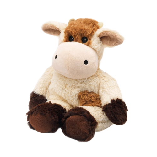 Soft, weighted plush cow in warm cream and brown tones, microwaveable and scented with dried lavender, ideal for health remedies, indoor play, and children's toys collections.