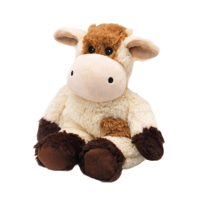 Soft, weighted plush cow in warm cream and brown tones, microwaveable and scented with dried lavender, ideal for health remedies, indoor play, and children's toys collections.