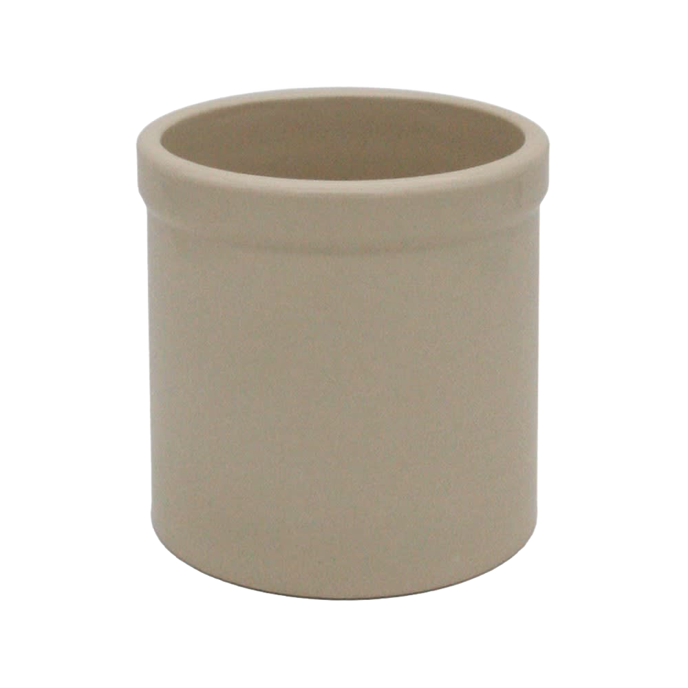 Beige 2-quart stoneware crock with wide mouth and smooth finish, handcrafted for Kitchen & Food and Food Preservation collections including fermenting and pickling.