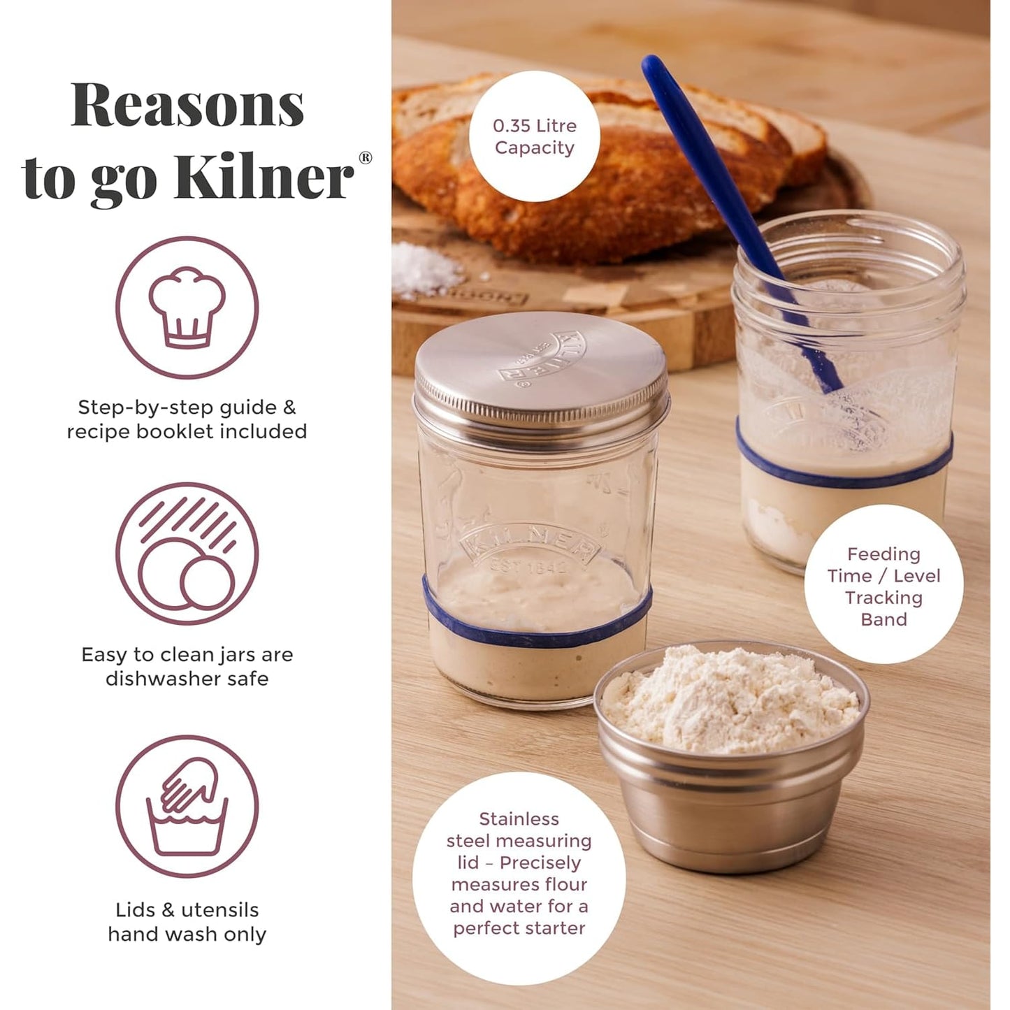 Two clear jars with blue silicone bands for tracking, one with starter and a spoon, a stainless steel measuring lid filled with flour, highlighting easy-to-use baking tools from Kitchen & Food and Baking Supplies collections.