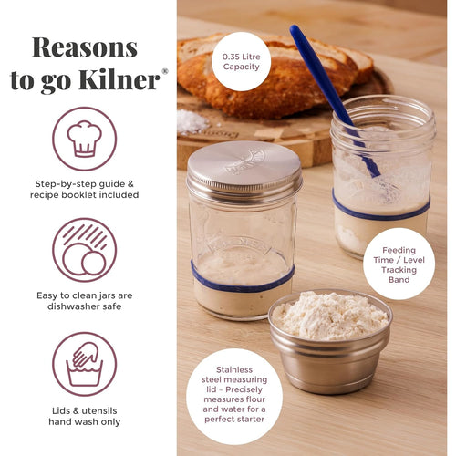 Two clear jars with blue silicone bands for tracking, one with starter and a spoon, a stainless steel measuring lid filled with flour, highlighting easy-to-use baking tools from Kitchen & Food and Baking Supplies collections.