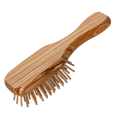Compact hairbrush with a durable olive wood handle and seven rows of straight hornbeam pins for gentle detangling, handcrafted for Health & Wellness, Grooming, and Best Sellers collections.