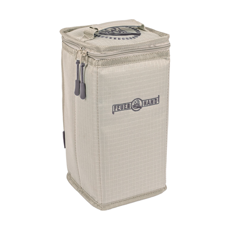 Beige padded nylon carrying case with reinforced inlay and double zipper closures, designed for secure transport of lanterns, ideal for camping and emergency supplies.