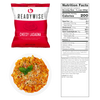 Red and white packaged freeze-dried cheesy lasagna meal with parmesan and romano cheeses, shown with serving suggestion on a white plate, part of Emergency Supplies and Kitchen & Food collections.