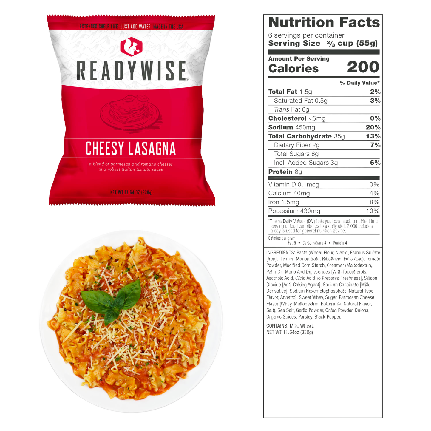 Red and white packaged freeze-dried cheesy lasagna meal with parmesan and romano cheeses, shown with serving suggestion on a white plate, part of Emergency Supplies and Kitchen & Food collections.