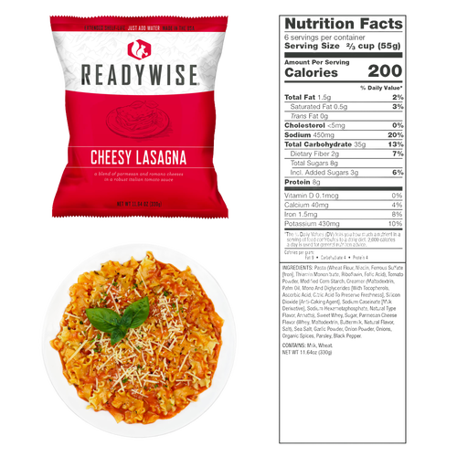 Red and white packaged freeze-dried cheesy lasagna meal with parmesan and romano cheeses, shown with serving suggestion on a white plate, part of Emergency Supplies and Kitchen & Food collections.