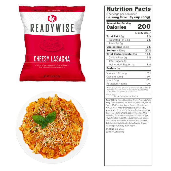 Red and white packaged freeze-dried cheesy lasagna meal with parmesan and romano cheeses, shown with serving suggestion on a white plate, part of Emergency Supplies and Kitchen & Food collections.