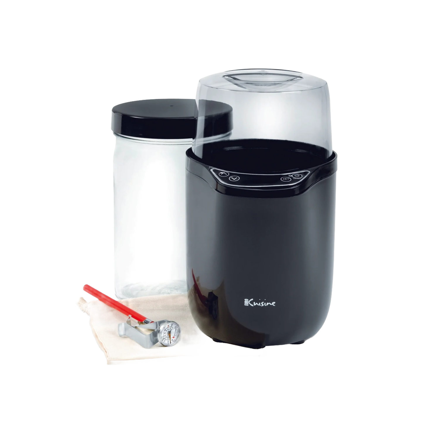 Compact black electric yogurt maker with clear lid, included glass jar with black lid, red-handled thermometer, and cloth, featured in Kitchen & Food and Specialty Equipment collections.